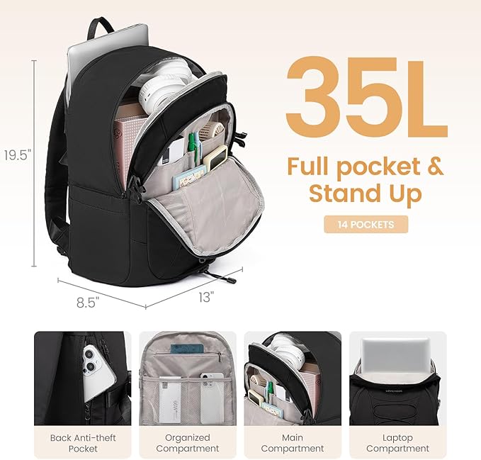 LOVEVOOK Mens Backpack with Giant Tumbler Holder Pocket,18 Inch Everyday Laptop Backpack Commuter Travel Work Computer Bag for Women,Waterproof Hiking College Teacher Back Pack Casual Daypack,Black