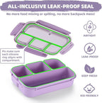 QQKO Bento Box Adult Lunch Box, Lunch Containers for Adults Men Women, Kids Lunch Boxes for School with 4 Compartments, Sauce Container, Utensils and Muffin Cups, Purple