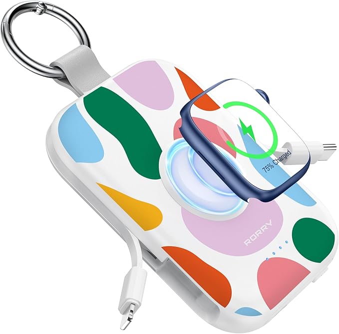 RORRY CharmGo Portable Charger, 5000mAh Portable Charger Power Bank with Built-in Cables, Travel Keychain Battery Pack for Apple Watch and iPhone Air/17/16/15/14/13/12, Graffiti