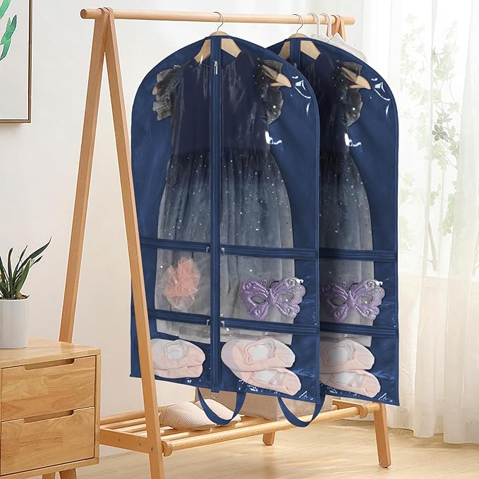 KEEGH CLear Garment Bags for Dance Costumes 40 inch Dance Garment Bags for Dancers Hanging Clothes for Closet Storage, with 4 Zipper Pockets for Dance Competitions, Ballet, Theatre, 2 Pack, Navy Blue