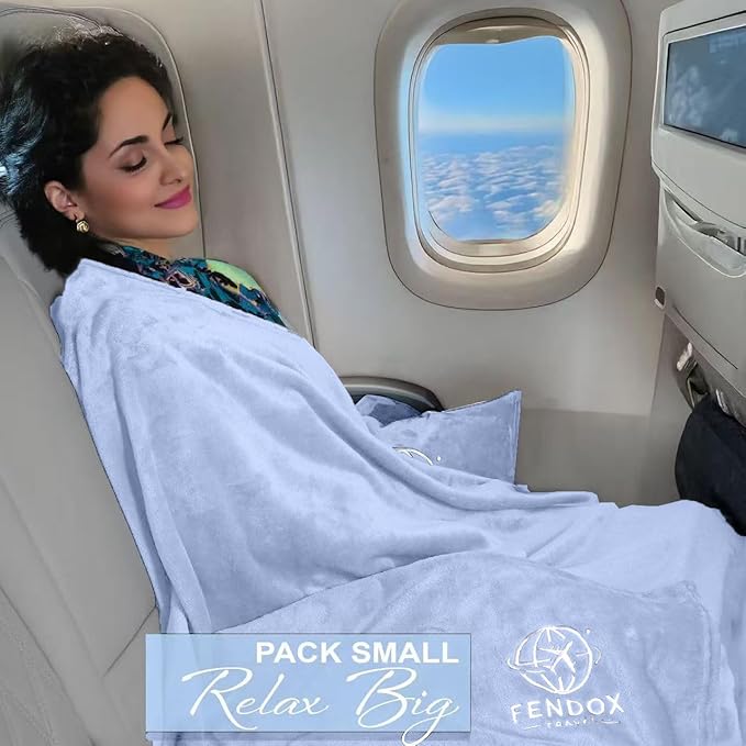 2-in-1 Travel Blanket and Pillow – Lightweight, Compact, Ultra Soft, Machine Washable – Handle, Luggage Sleeve, Backpack Clip – for Travel Airplane, Car, Office (Light blue)