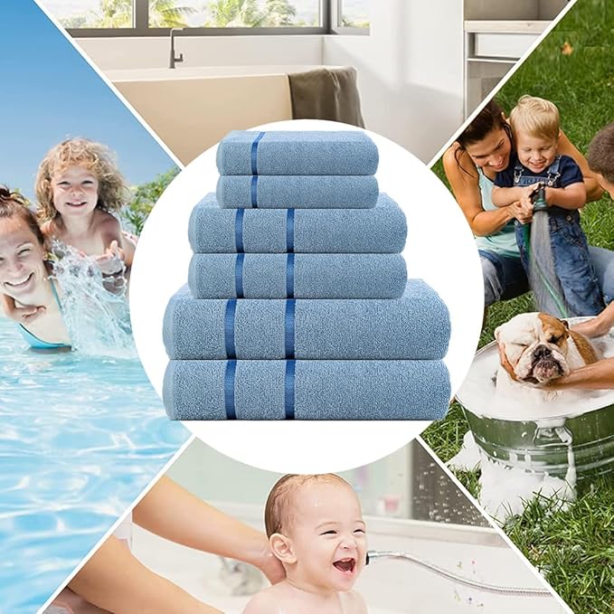 CASA COPENHAGEN Eternal 6Pcs 100% Egyptian Cotton Large Designer Towels Gift Set- Dusty Blue, 500 GSM, 2Bath 2Hand 2Washcloths, Bath Towels for Bathroom Set for Women & Men