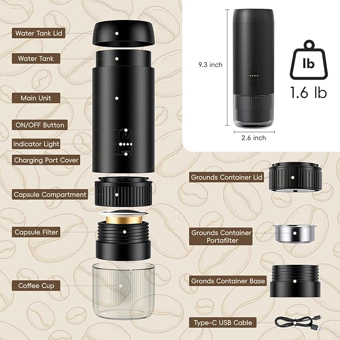 Portable Espresso Maker, 20Bar Pressure & Up to 60 Cups per Charge, Battery Operated Portable Coffee Maker, Works with Ground Coffee & Capsules, for Camping, Car, Travel, and Office Use.