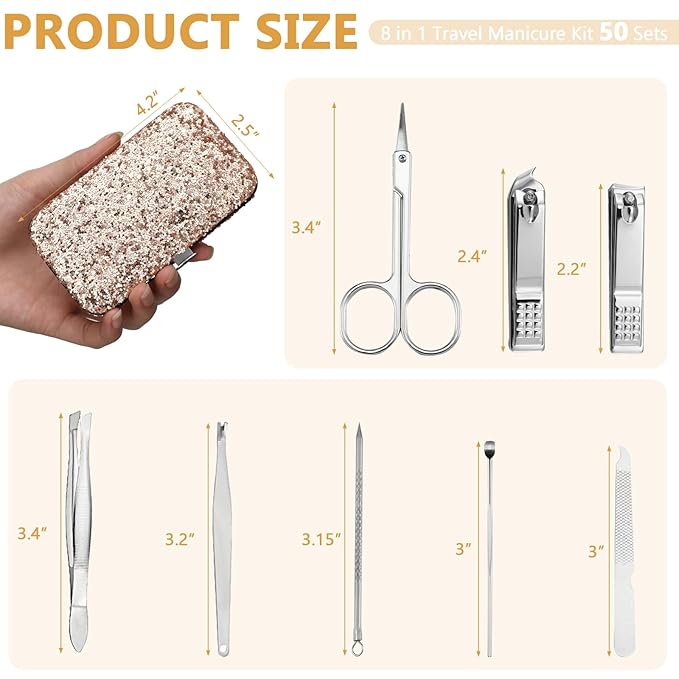 Geosar 50 Set 8 in 1 Travel Manicure Kit Bulk Professional Nail Clippers Pedicure Nail Care Tools Grooming Stainless Steel Set with Portable Travel Case, Gift for Valentine Men Women(Glitter Gold)