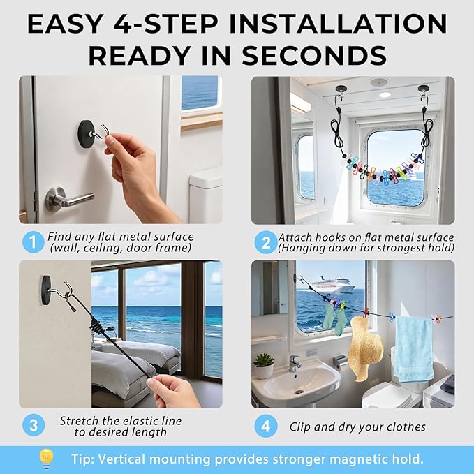 Magnetic Travel Clothesline - Cruise Ship Essentials & Must Haves 2026 - Stretches to 12ft Retractable Laundry Drying Line with Non-Scratch Magnetic Hooks, Positioning Beads & 12 Anti-Slip Clips