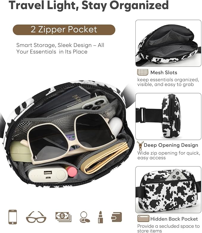 Pritent Fanny Packs for Women Cross Body Bag Waterproof Belt Bag with Adjustable Strap and Zipper Back Pocket Small Crossbody Bags Fashion Waist Packs for Workout Travelling(Cow Print)