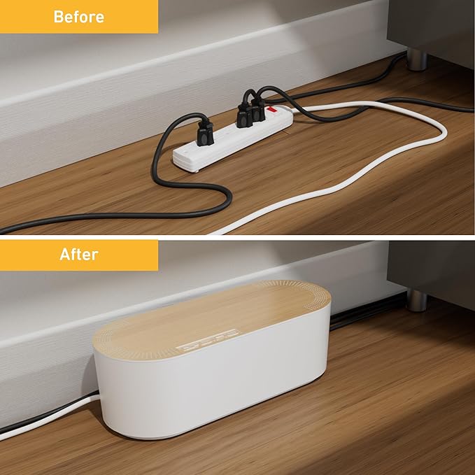 D-Line Cable Management Box with 6 AC Outlet 6ft Power Strip, Hide Extension Cords and Excess Wire Clutter, 12.75in (L) x 5in (H) x 4.5in (W) - Small, White with Wood-Lid