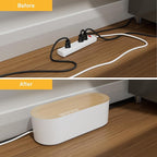 D-Line Cable Management Box with 6 AC Outlet 6ft Power Strip, Hide Extension Cords and Excess Wire Clutter, 12.75in (L) x 5in (H) x 4.5in (W) - Small, White with Wood-Lid