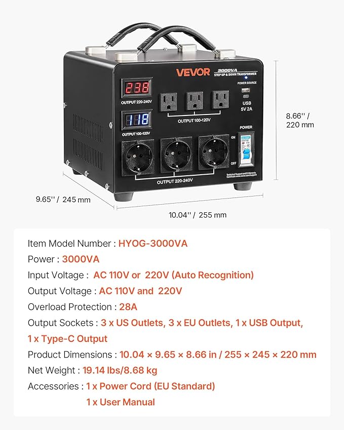 VEVOR Voltage Auto Converter Transformer, 3000VA, Heavy Duty Step Up/Down Power Transformer, 110V to 220V and 220V to 110V, with 3 US Outlets, 3 EU Outlets, LCD Display, Circuit Breaker Protection