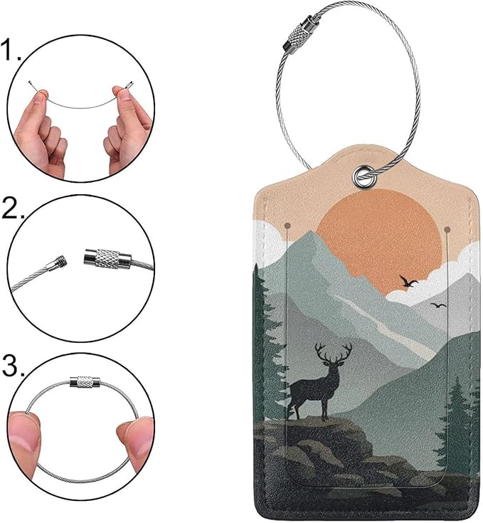 2 Pack Luggage Tags for Suitcases, PU Leather Bag Tag with Privacy Cover Address Card Travel Essentials-Sunrise Forest Deer