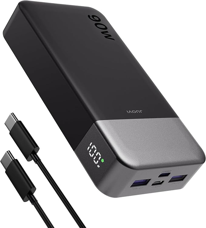 JUOVI Laptop Power Bank 20000mAh 90W USB C Portable Charger，PD QC Fast Charging 4-Port(2C+2A) External Battery Pack for MacBook Laptop iPad iPhone Samsung Steam Deck, Perfect for Travel & Business