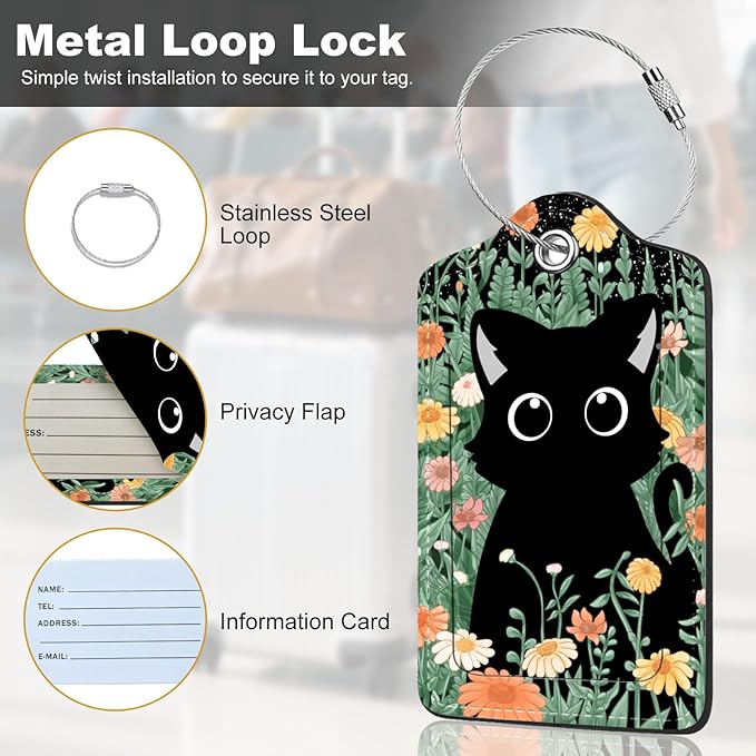 2Pack Luggage Tags for Suitcases, Cute Unique Pu Leather Cruise Luggage Tag with Privacy Cover ID Label Address Card and Metal Ring Suitable for Women Men Kids Travel Bag Orange Flowers and Cats