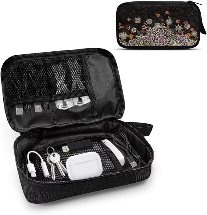 Boho Flower Print Electronic Organizer Travel Universal Accessories Storage Bag Portable for Hard Drives, Cables, Memory Sticks, Charger, Phone, USB, SD Cards
