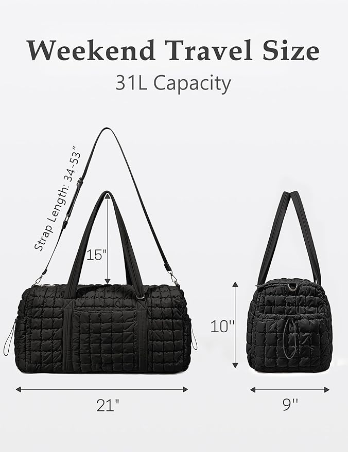 Quilted Travel Duffle Bag for Women Medium Weekender Bag Puffer Overnight Bag Large Soft Puffy Duffel Bag Carry-On Gym Bag Lightweight Personal Item Travel Bag for Trips Business Sport Airplane