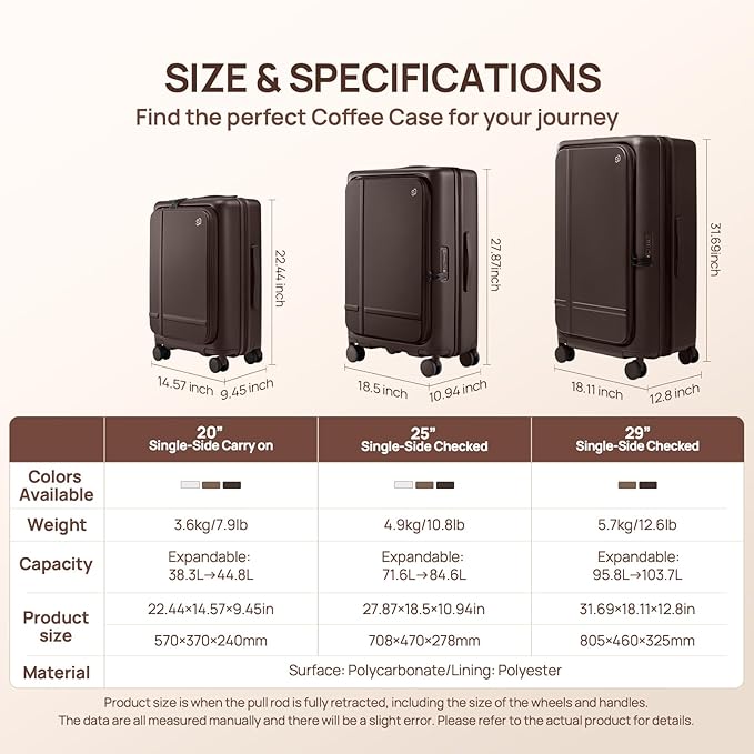 NINETYGO Medium Checked Luggage 25 Inch, Flat Top Opening Check In Luggage with Cup Holder, Expandable, Coffee-Infused PC Hard Shell, Eco-Friendly, TSA Lock, 360° Spinner Wheels (Latte)