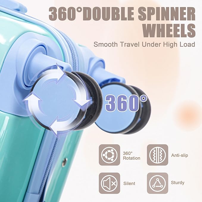 Kids Luggage Sets for Girls, 2 Piece Luggage Set, 20 Inch Rotating Wheel Suitcase with 14 Inch Cosmetic Case, Lightweight Hardshell Suitcase with 360° Spinner Wheels for Travel (Blue+Yellow)