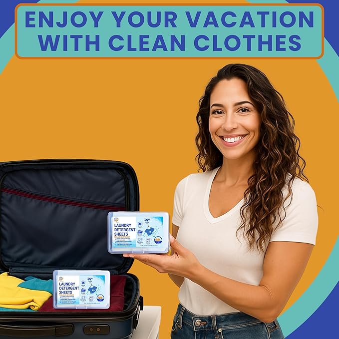Travel Laundry Detergent Sheets for Hand or Machine Wash and Heavy Duty Travel Clothesline – Compact Sink Washing Detergent & Indoor Outdoor Drying Line for Hotels, Cruises & Camping