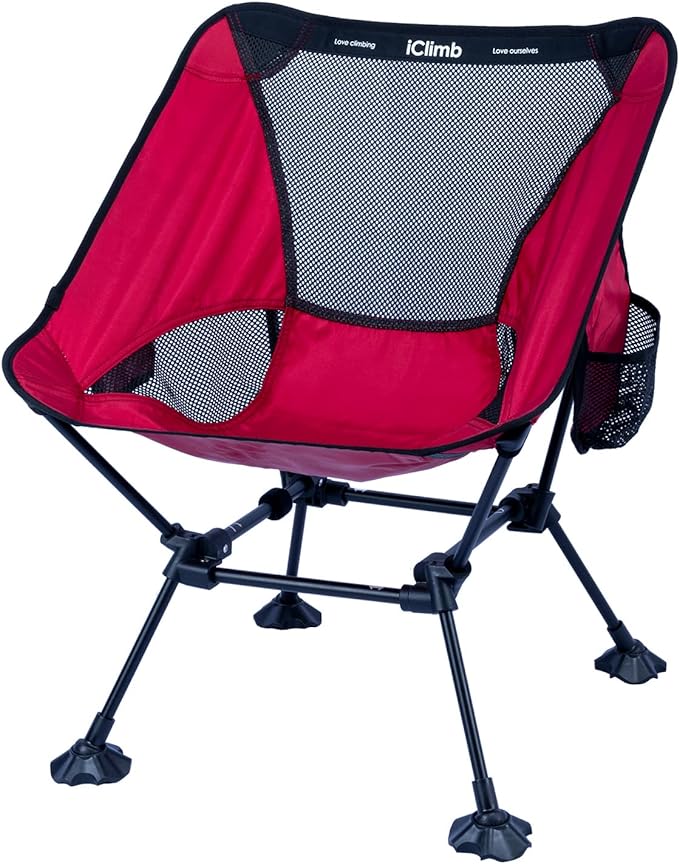 iClimb Ultralight Compact Camping Folding Beach Chair with Anti-Sinking Large Feet and Back Support Webbing (Red - Square Frame)