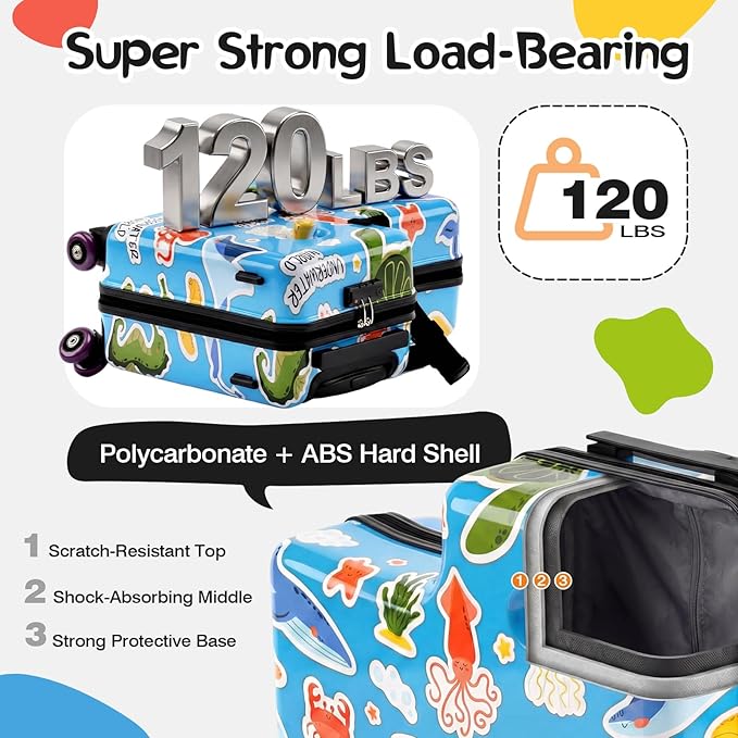 smilesun 20" Ride-On Suitcase for Kids, Cute Pattern, Lightweight Hardshell Carry-On Luggage with Double Spinner Wheels, TSA Lock for Boys & Girls（Blue）