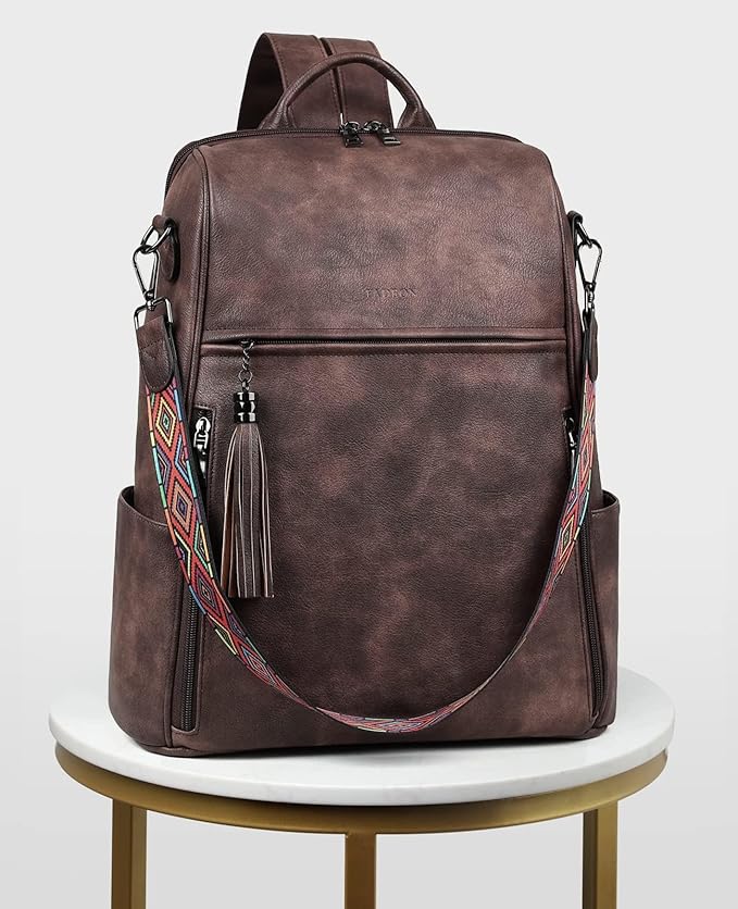 FADEON Leather Laptop Backpack for Women Designer 15.6 inch PU Laptop Bag, Ladies Travel Computer Work Backpack Coffee Brown