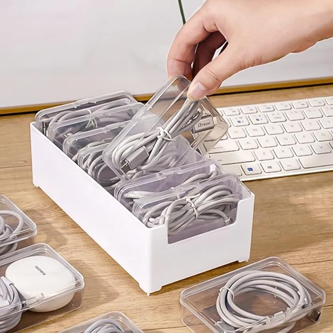 Cable Organizer Storage Box with 7 Wire Ties,Desktop Cable Management Box with Switch, Power Cord Organizer for Office,Home,Desk Accessories Storage Stationery Supplies（Clear）