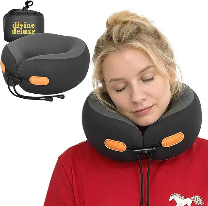 360° Support Memory Foam Travel Neck Pillow – Adjustable Fit for Airplane, Car, Train & Office | No Head Bobbing or Dropping | Firm Support for Long Flights | Carry Bag Included