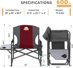 Colegence Oversized Directors Camping Chair Support 600 LBS, Heavy Duty Folding Outdoor Chairs with Detachable Side Pocket and Adjustable Side Table for Outside Beach,Lawn,Fishing (Red)