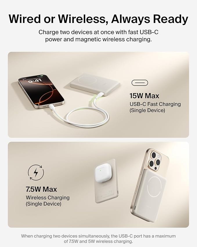 Belkin MagSafe Power Bank 5,000mAh, Ultra-Slim Portable Charger Magnetic Back Supports MagSafe Accessories On-The-Go, Wireless Battery Pack w/USB C Cable for iPhone 17, Pixel 10, Travel - Sand