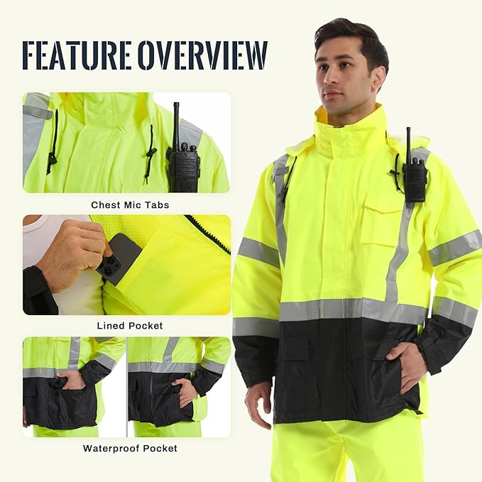 SKSAFETY Hi Vis Safety Rain Jacket for Men, Construction Work Rain Gear Heavy Duty Class 3 Rain Coat Waterproof Lightweight