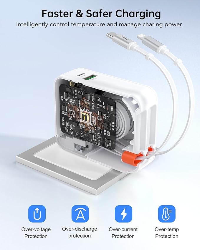 Retractable USB Charger Wall Plug with Type C Cables Cords,40W Fast Charging Foldable Block Multi Charger,4-in-1 Travel Essentials Brick Multiport for iPhone 17/16/15/14/13/12,iPad,Galaxy,LG,Pixel