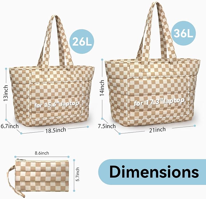 Puffer Tote Bag with Pouch,Women's Lightweight Quilted Shoulder Bag,15.6"/17.3" Laptop Travel Weekender for Work & Nurses