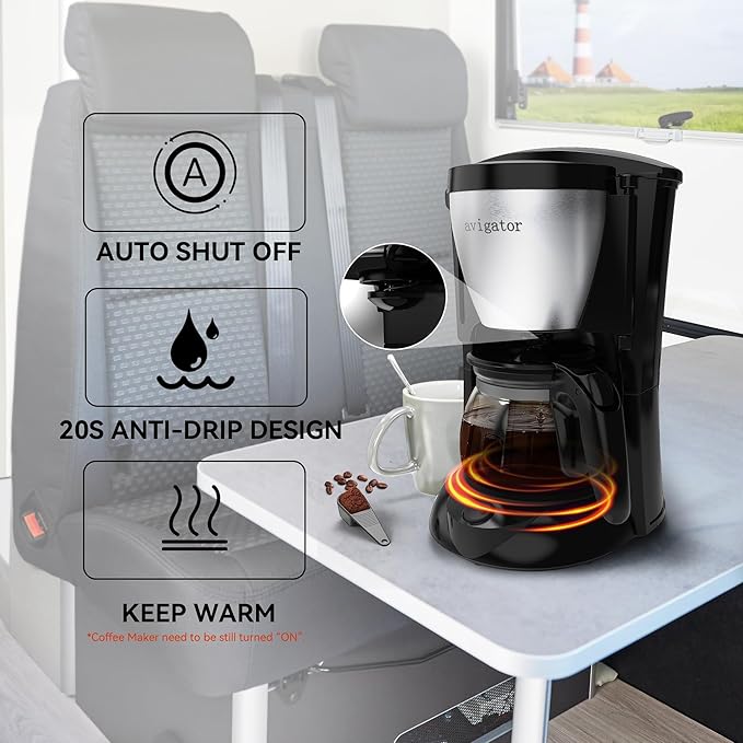 Portable Coffee Maker for Camping, Compact Drip Coffee Maker Brewer Includes 22oz Glass Carafe, Reusable Powder Filter for Traveling, RV, Office, Camping