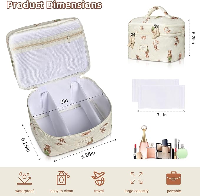 Gosect Makeup bag, Large Cosmetic Bag for Women Girls, Cute Quilted Makeup Bags, Floral Coquette Aesthetic Toiletry Bag, Travel Make Up Organizer Bag (Bear)