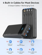 Portable Charger, 20000mAh 22.5W Fast Charging Power Bank with 4 Built-in Cables, Travel Essentials External Battery Pack with LED Display, 6 Outputs Charging Bank for iPhone, iPad, Samsung etc Black