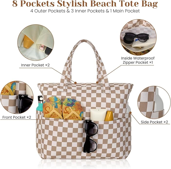 Trifabricy Beach Bags for Women Waterproof Sandproof Women Tote Bag, Large Beach Bag with Zipper for Gym Travel Vocation