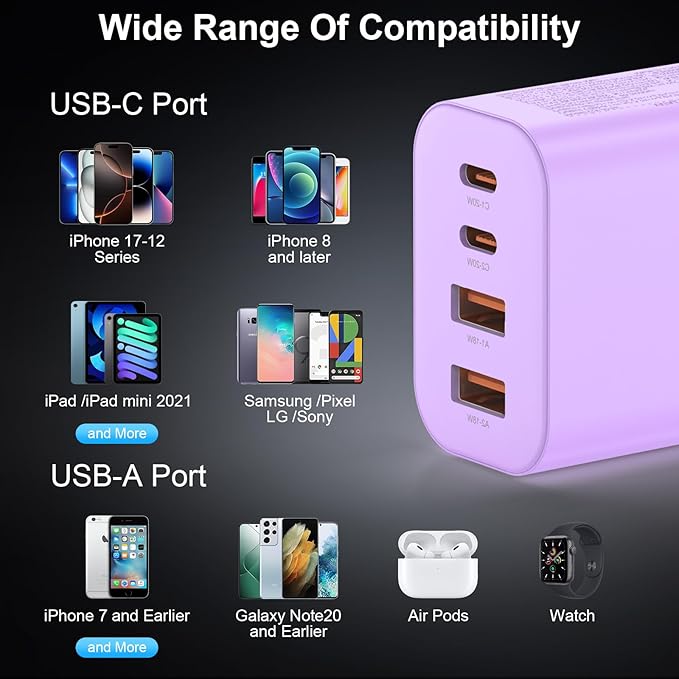 USB C Charger Block, 3-Pack 40W Wall Plug Fast Charging Block, 4-Port PD + QC Power Adapter Type C Charging Blocks Cube, Compatible with iPhone 17/16/15/14/13/12/11/Pro Max, Tablets （Purple）