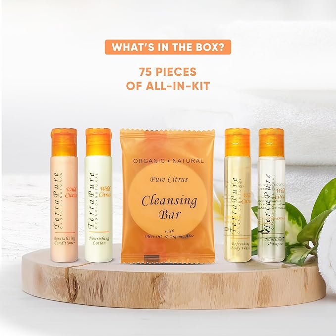 Terra Pure Wild Citrus Toiletries Set | 1-Shoppe Amenities Kit | 1oz Shampoo, Conditioner, Body Wash, Lotion, 1oz Bar Soap | 75 Pieces
