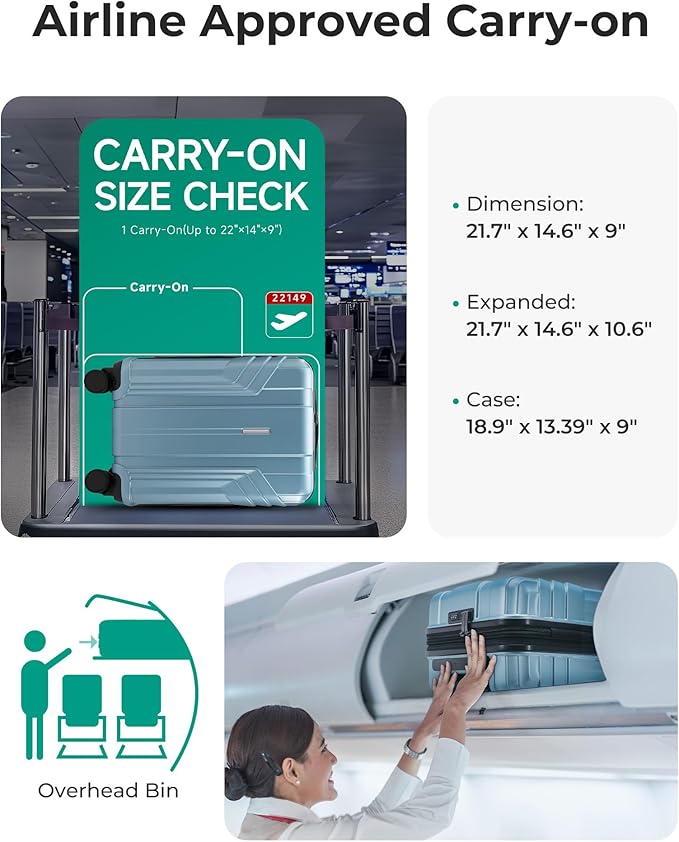BAGSMART Expandable Carry On Luggage 22x14x9 Airline Approved, 20 Inch Travel Luggage with Spinner Wheels, Lightweight Hard Shell Suitcase Carry on Airy Blue