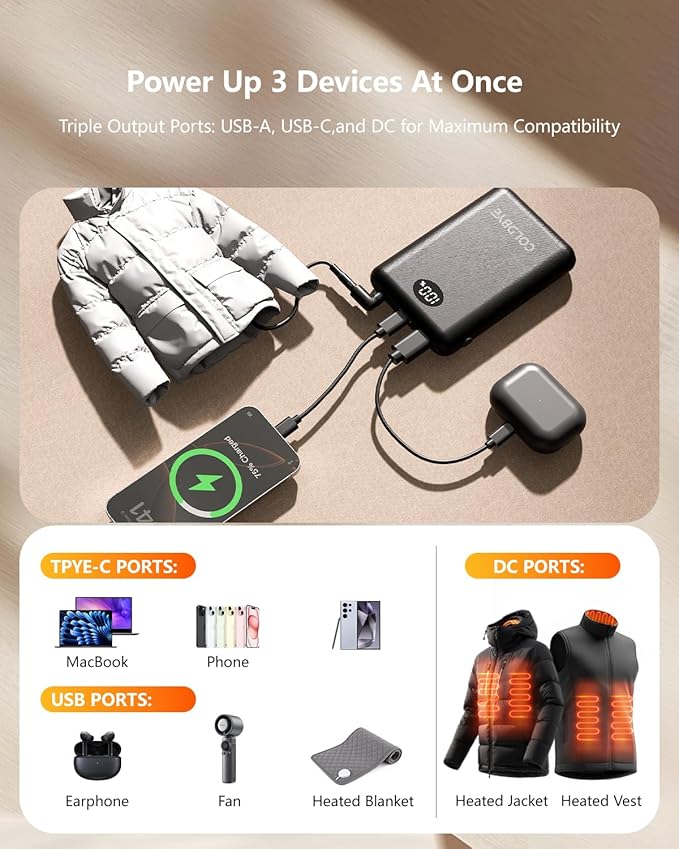 Ultra-Light 5V 7.4V 10000mah Heated Vest Battery Pack Compatible with ORORO, Battery Pack for Heated Vest with LED, Rechargeable Power Bank for TODWARM, for XINSONYUELL, for Vestego, for Weamest