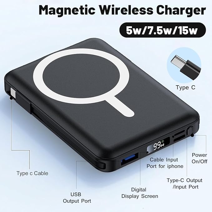 Azmuth for MagSafe Portable Charger, 10000mAh Magnetic Power Bank with 20W PD USB-C Fast Charging LED Display for MagSafe Battery Pack, Magnetic Travel Charger for iPhone 17/16/15/14/13/12 Series