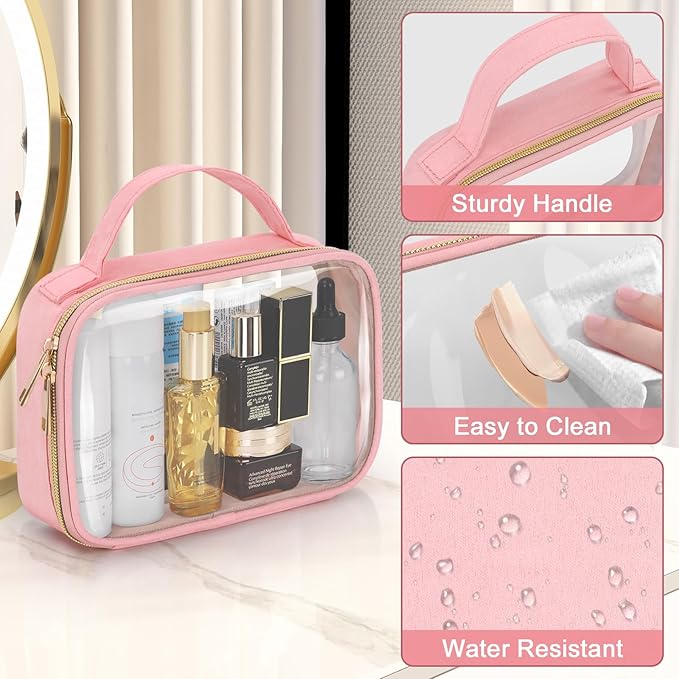 Wedama TSA Approved Toiletry Bag, 3 Pack Clear Makeup Bags with Handles, Quart Size Clear Toiletry Bags, PVC Cosmetic Bags for Women and Men, Carry on Airport Airline Comp (Pink, 3 Pack, Medium)