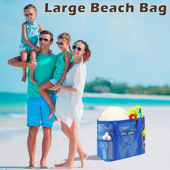 Fammart Mesh Beach Bag with Zipper, Large Beach Tote for Women, Toys Pool Swim Bag Travel Vacation Cruise Essentials
