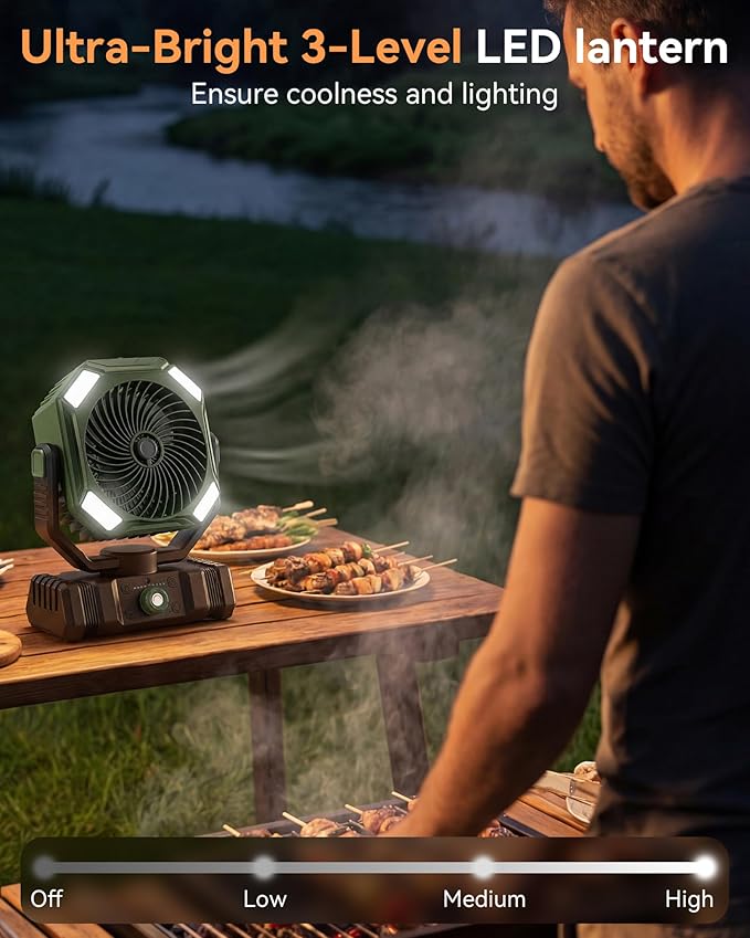 USONE Misting Fan, Portable Camping Fan Rechargeable, 20000mAh Battery Powered Fan for Camping with Light, Remote & Timer, Hanging Tent Fan with Hook for Outdoor fishing, Travel, Work,Olive Green