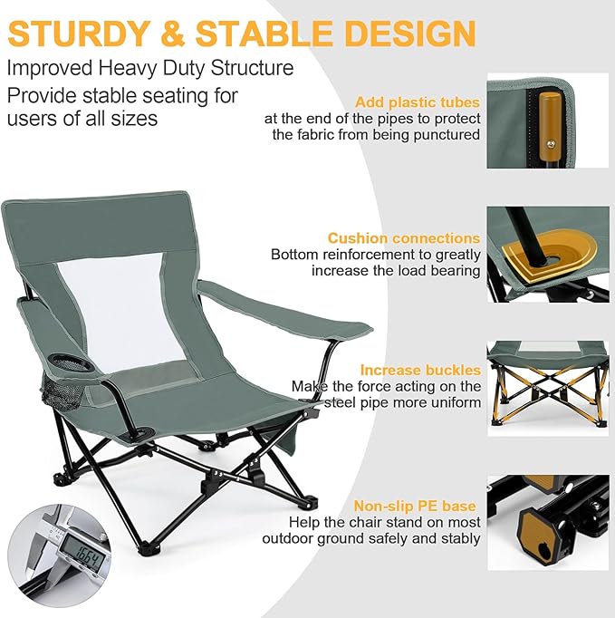 Joyfair Beach Camping Chair (2 Pack), Outdoor Folding Lawn Chair for Adults, Heavy Duty Portable Chair with Armrest for Outside Fishing, Sport, Patio, Cup Holder & Storage Pocket, Carry Bag (Grey)