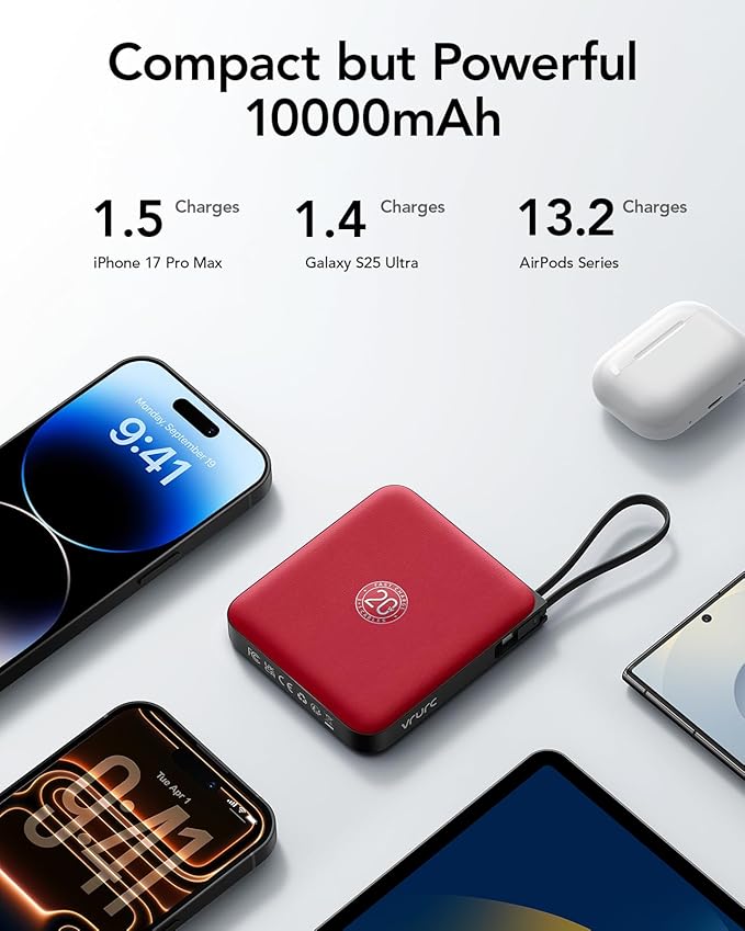 VRURC 10000mAh Portable Charger for iPhone with Built-in Cables, 22.5W Fast Charging Power Bank with LED Display, Slim USB C Battery Pack for iPhone 17, Samsung S25, Travel Essentials (Red)