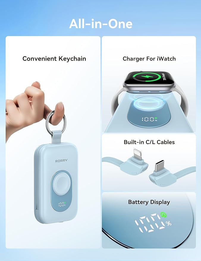 RORRY CharmGo Portable Charger, 20000mAh PD 30W Portable Charger Power Bank with 2 Built-in Cables, Fast Charging Battery Pack with Keychain, Travel Essentials for iPhone, Apple Watch, iPad, Sky Blue