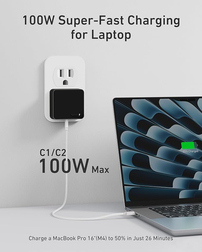 Nekmit 100W Flat USB C Charger Block, 3-Port GaN Fast Wall Charger(2*USB-C & 1*USB-A), USB C Wall Plug with Fixed Prongs for iPhone 17/16, MacBook Pro/Air, iPad, Galaxy and More