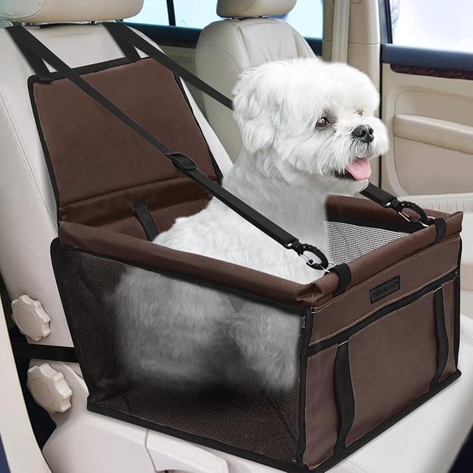 Dog Car Seat Foldable Dog Car Booster Seat Waterproof Breathable Oxford Travel Bag for Small to Medium Dogs, Puppies, and Pets-Pure Coffee