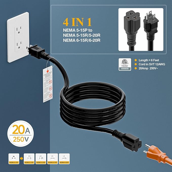 6-Feet NEMA 5-15P to 5-15R/ 5-20R/ 6-15R/ 6-20R AC Adapter, Plugrand 12AWG 15 Amp Household AC Plug to 20 Amp T Blade Adapter Cable, 15A 125V to 20A 250V Extension Cable
