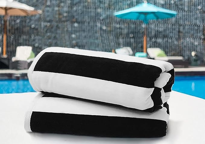 COTTON CRAFT Oversized Beach Towel - 2 Pack 35 x 70 inches XL Beach Towel - 100% Cotton Velour - Big & Huge - Thick Plush 450 GSM Super Soft Luxury Towel - Pool Picnic Bath - Cabana Stripe Black